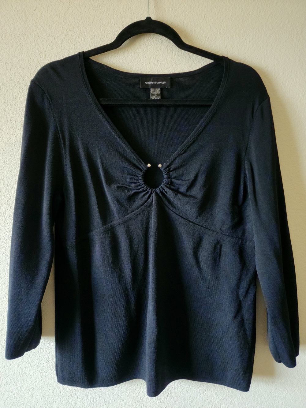 3/4 Sleeve V-Neck Top with Metal Ring Detail